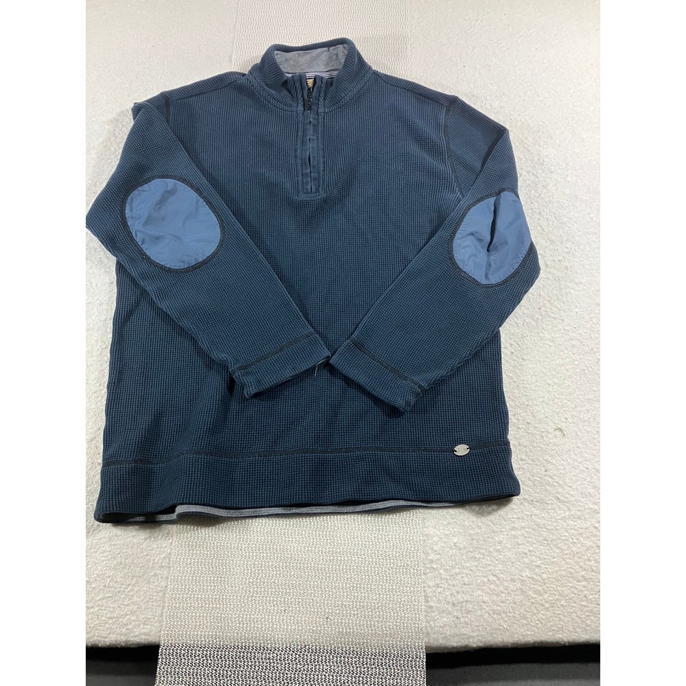 Tommy Bahama Mens Quarter Zip Pullover Waffle Knit Navy Blue Elbow Patch Size L